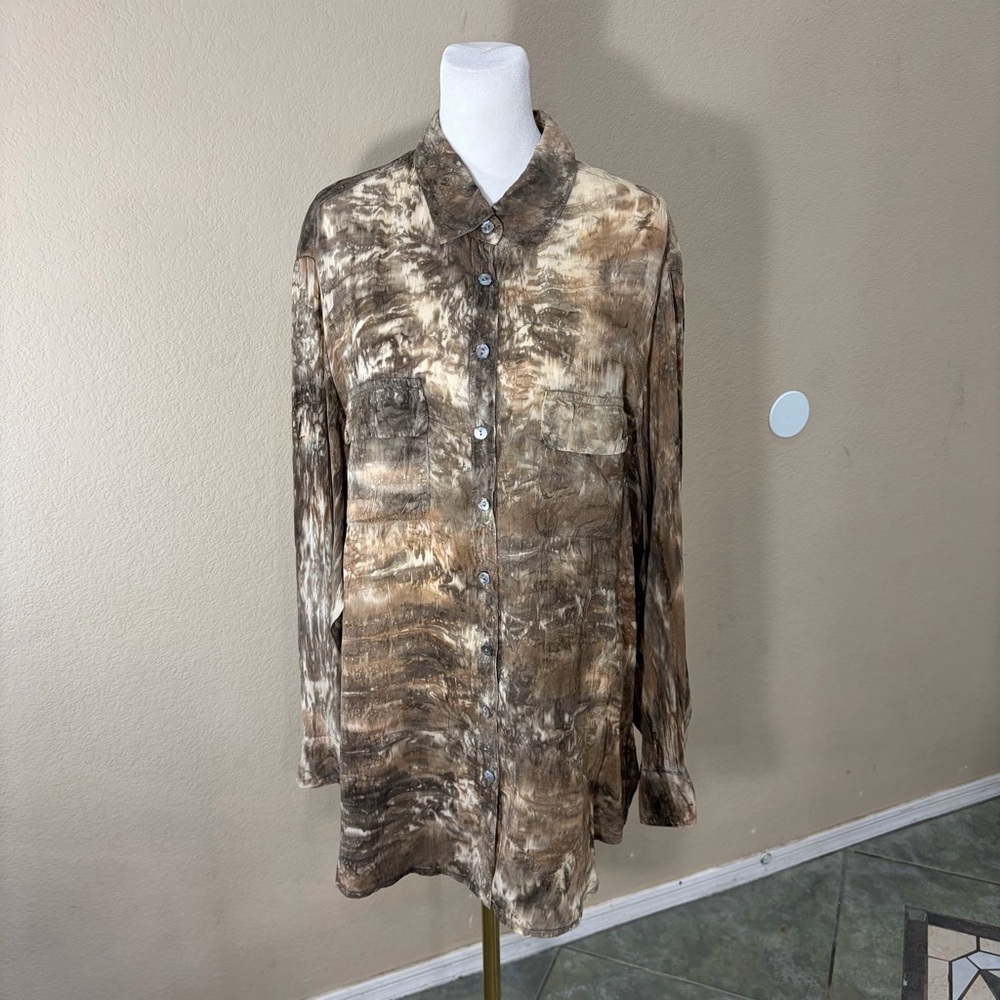 Barbara Lesser Brown Tye Dye Button Down Long Sleeve Blouse Sz XL Boho Whimsical